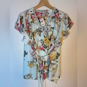 American Rag Top 1X Floral Lace Up Ruffle Flutter Sleeve Tasseled Tie Waist Boho